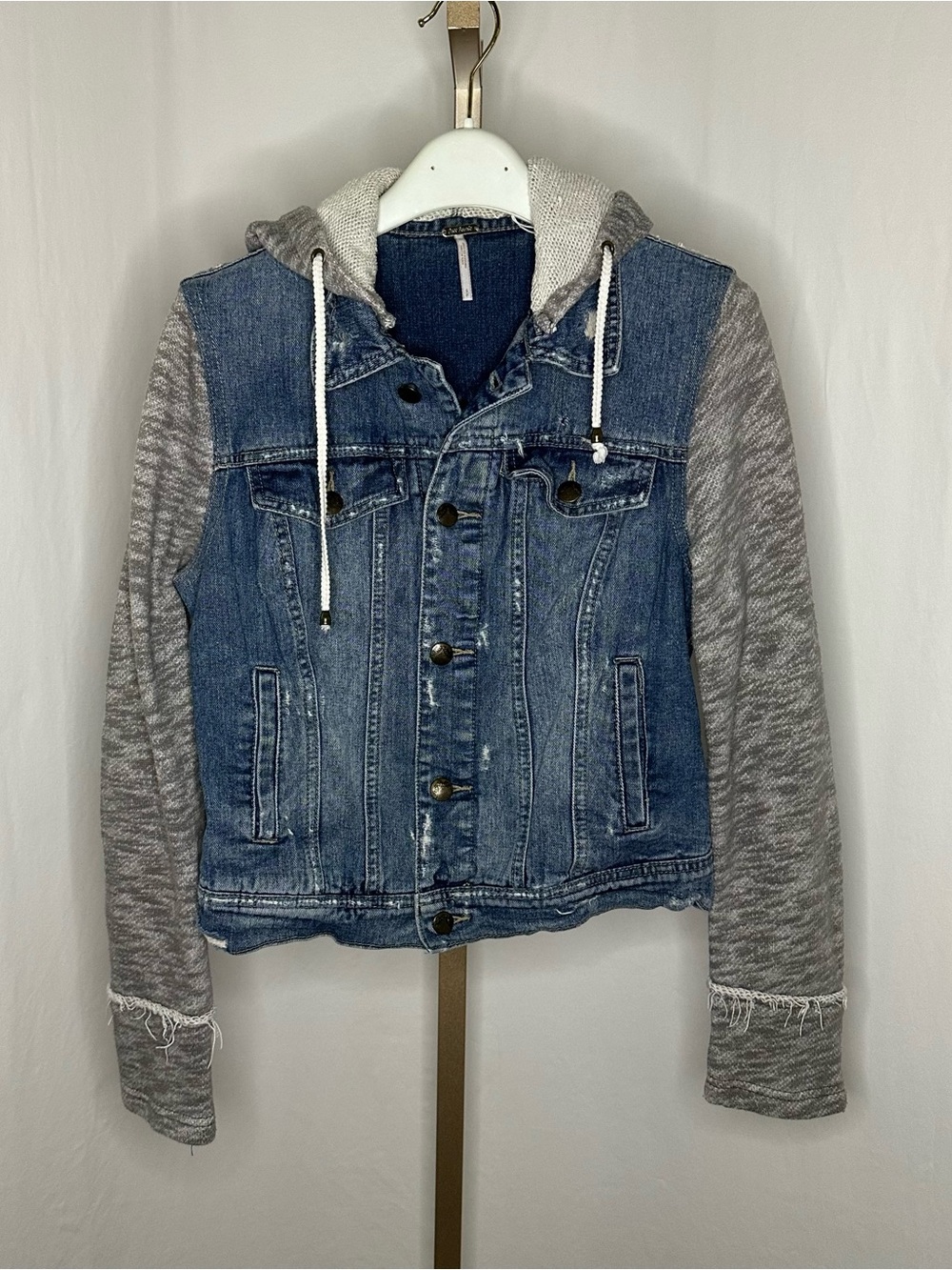 Free People Blue Denim Jacket with Gray Hoodie Sleeves